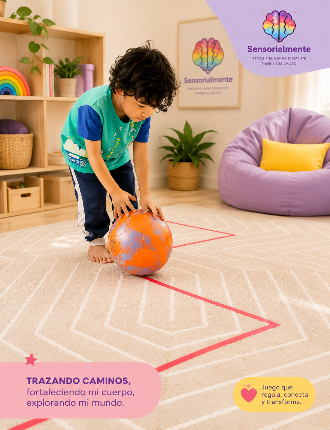 Niño jugando con un balón en una sala sensorial Sensorialmente diseñada para colegios