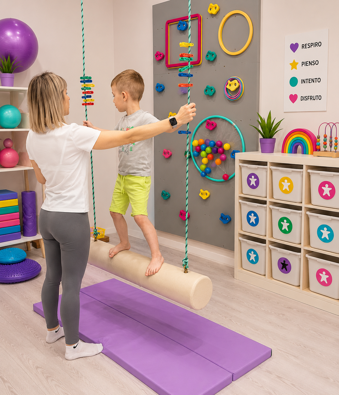 Sala sensorial diseñada con criterio de evidencia para un colegio, con muro de escalada y zonas de juego