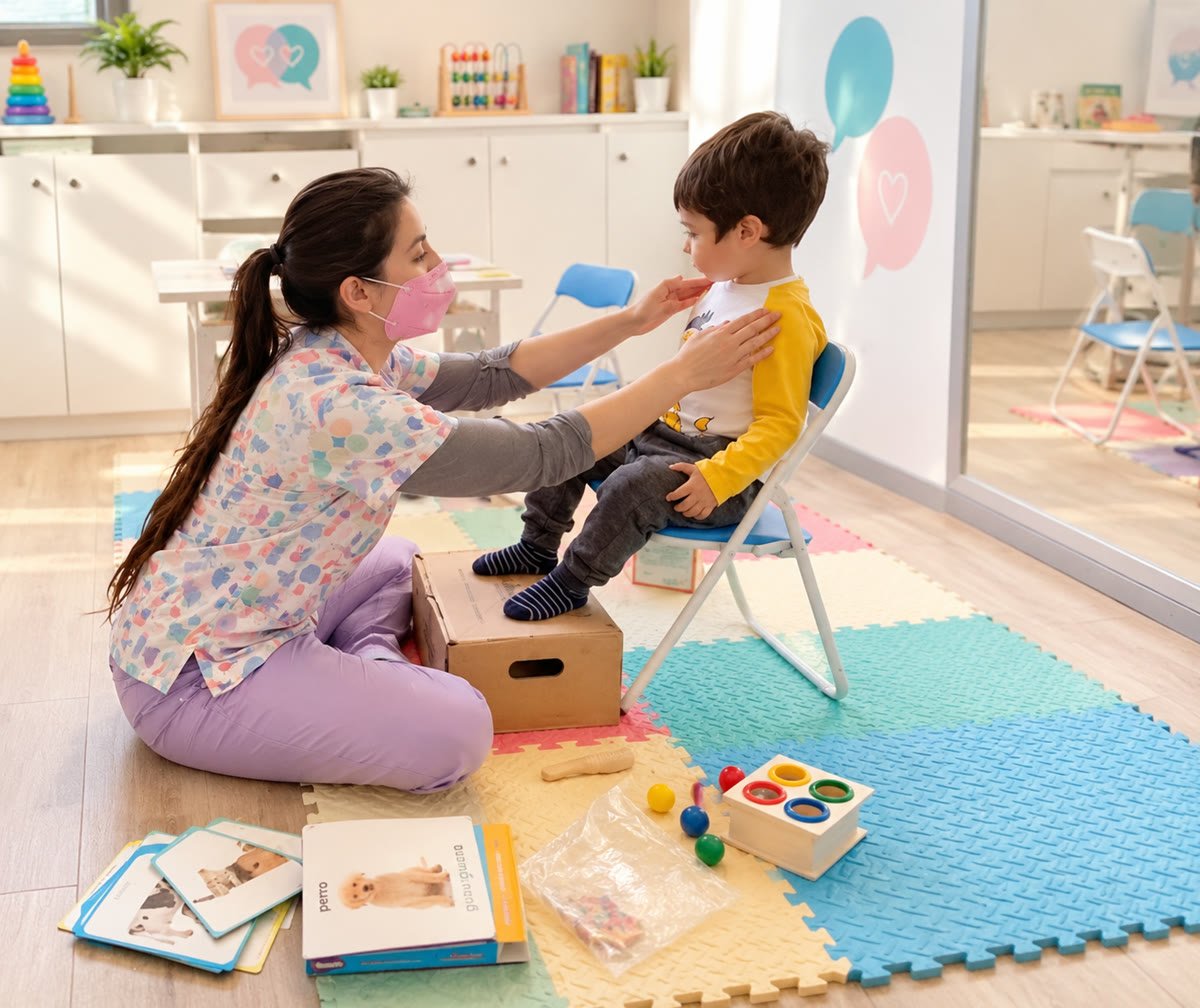Danissa Klagges trabajando con un niño en la consulta de Hablarte